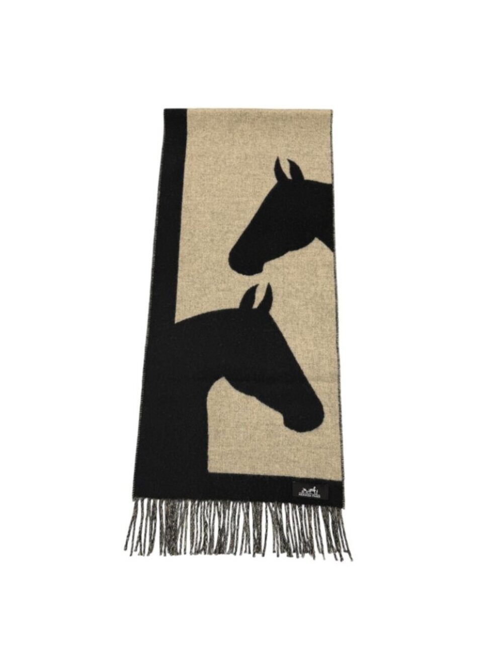 Hermes Love Story Scarf Cashmere with Fringe Horse Pattern Black Beige - Picture 3 of 10